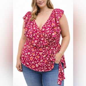 Sophia Ruffle Floral Tie Wrap Sleeveless Blouse 2X